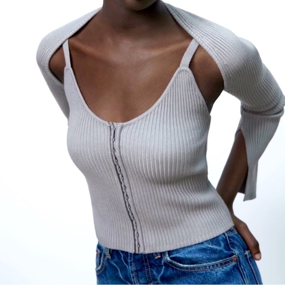 Zara Tops Zara Gray Corset Ribbed Knit Arm Warmer Bolero Sweater